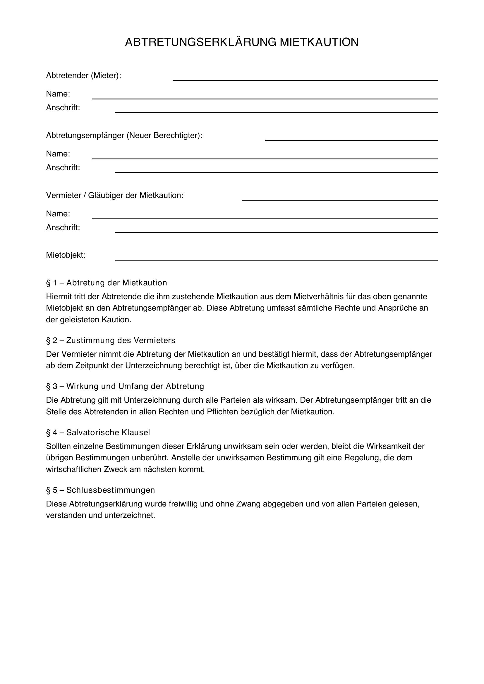 Abtretungserklärung Mietkaution