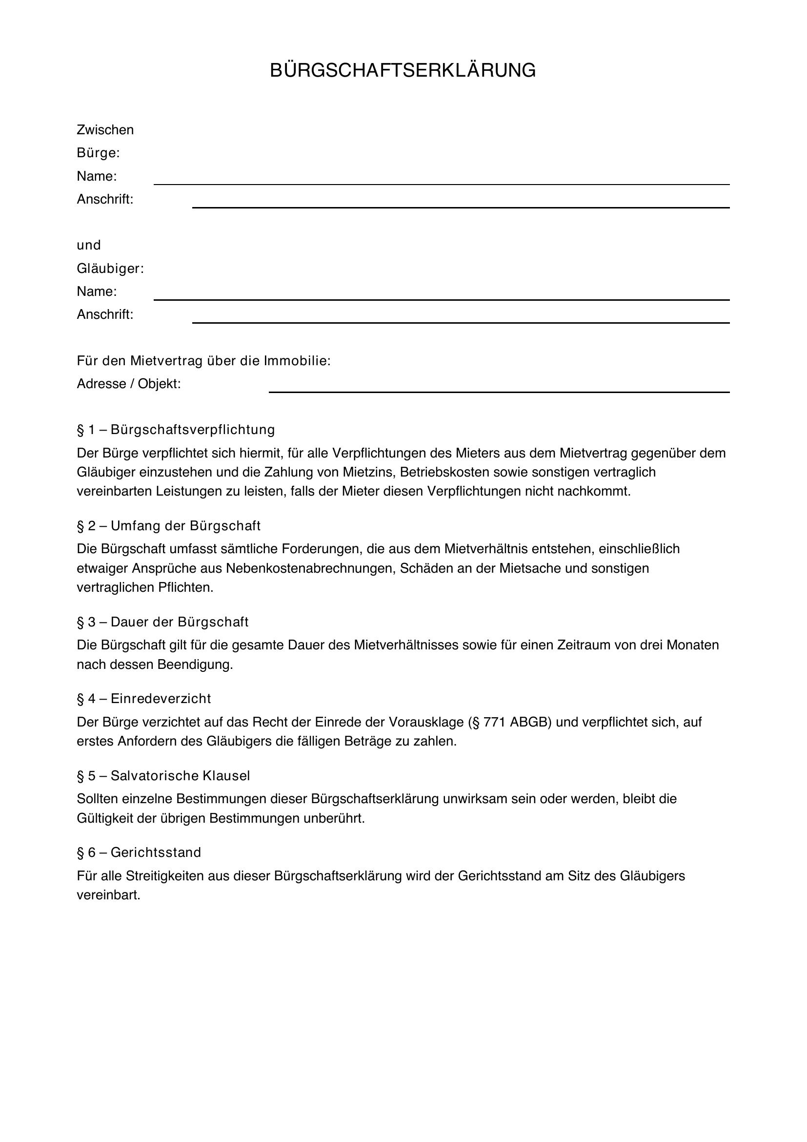 Bürgschaftserklärung Miete Vorlage Österreich