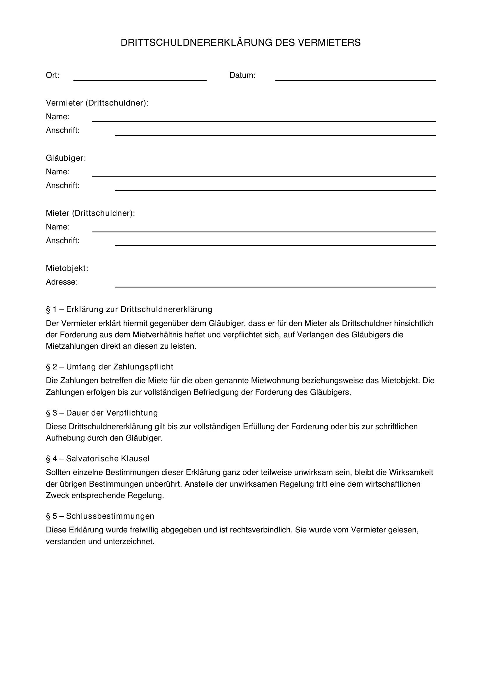 Drittschuldnererklärung Vermieter Formular