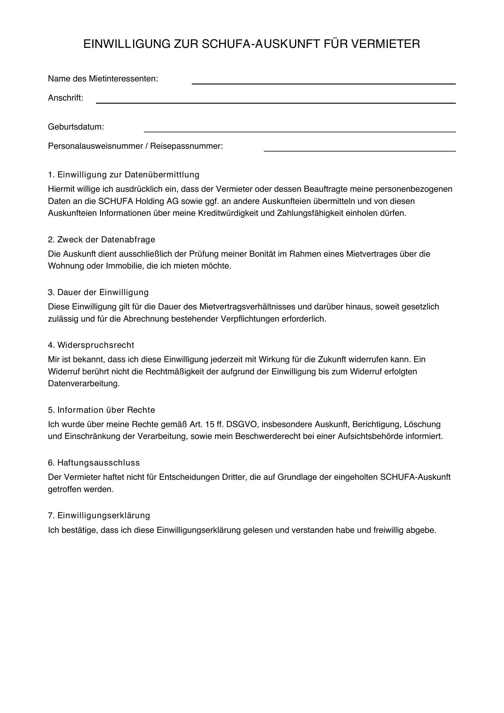 Einwilligung Schufa-Auskunft Für Vermieter Vordruck