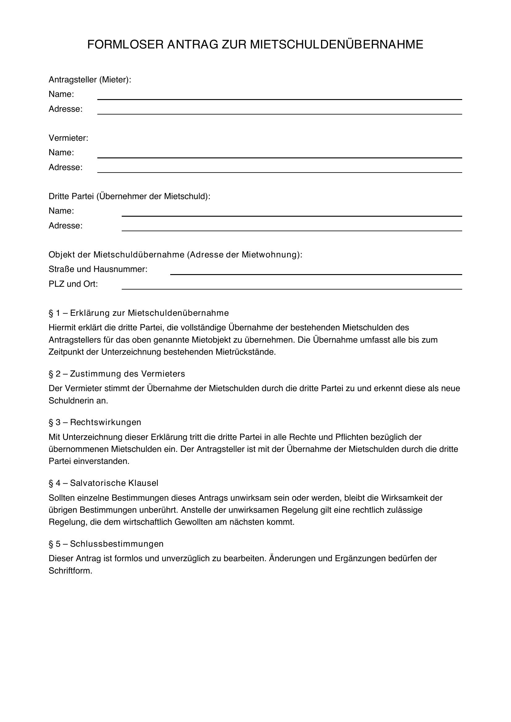Formloser Antrag Mietschuldenübernahme Muster