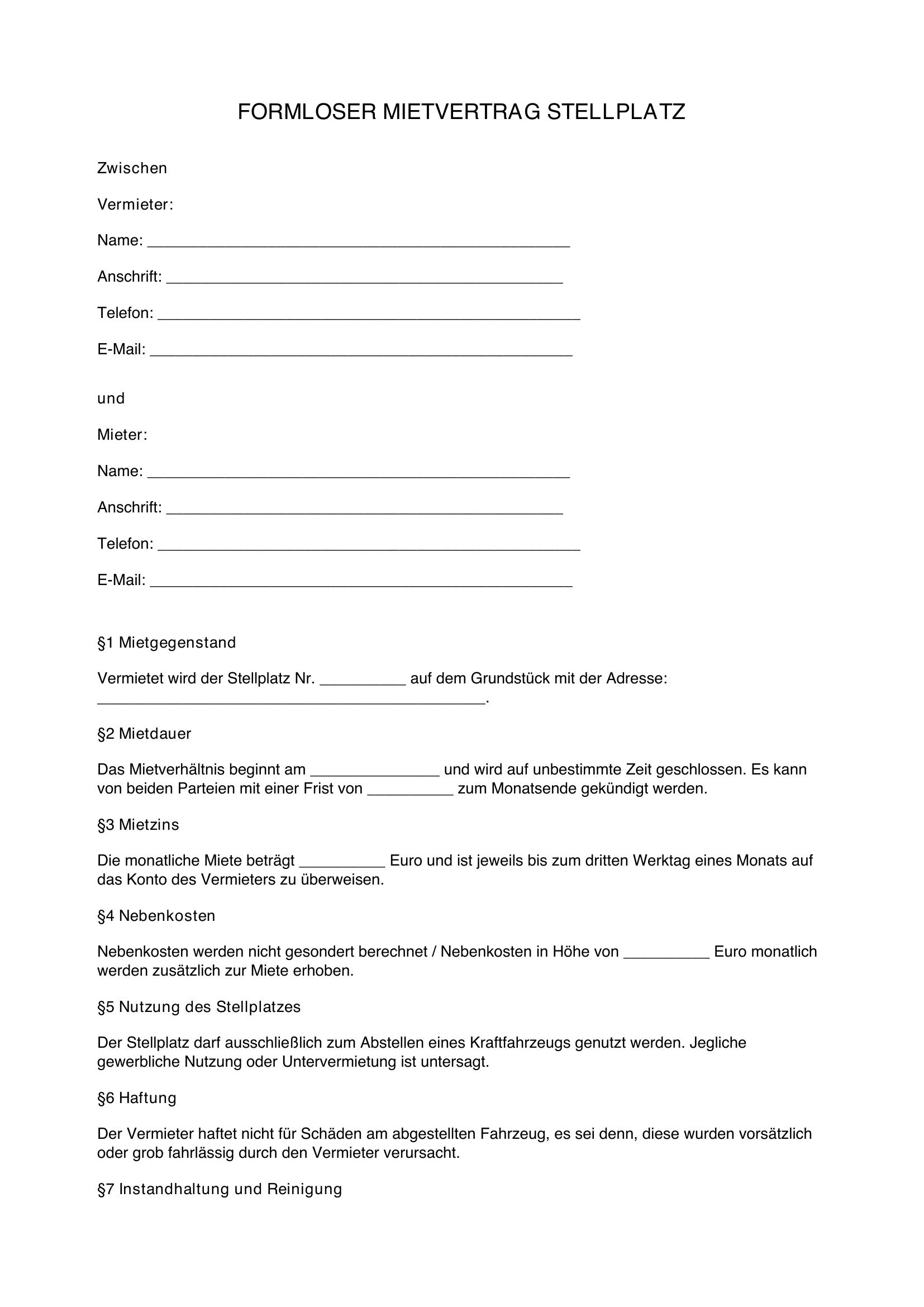 Formloser Mietvertrag Stellplatz