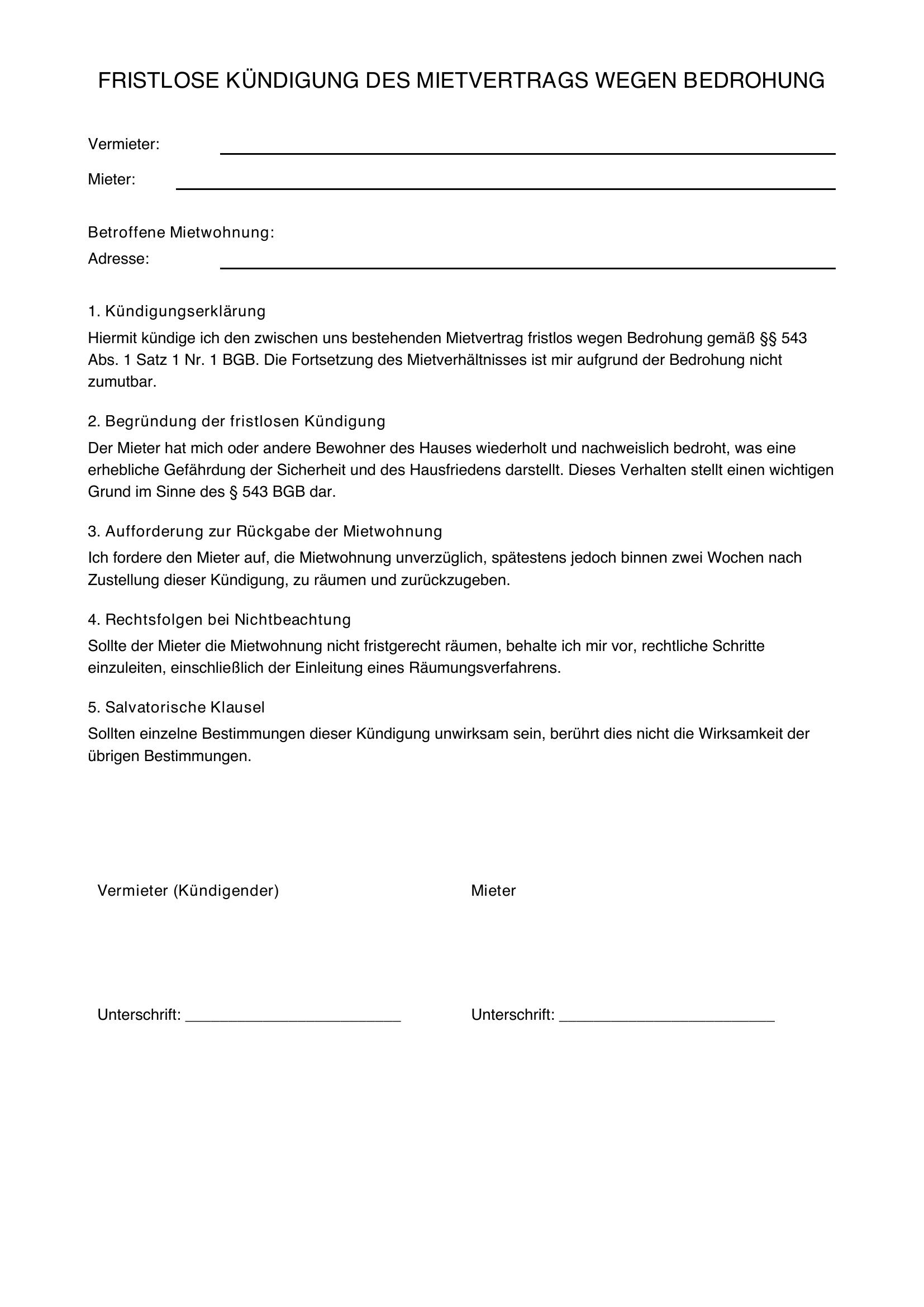 Fristlose Kündigung Mietvertrag Wegen Bedrohung Muster