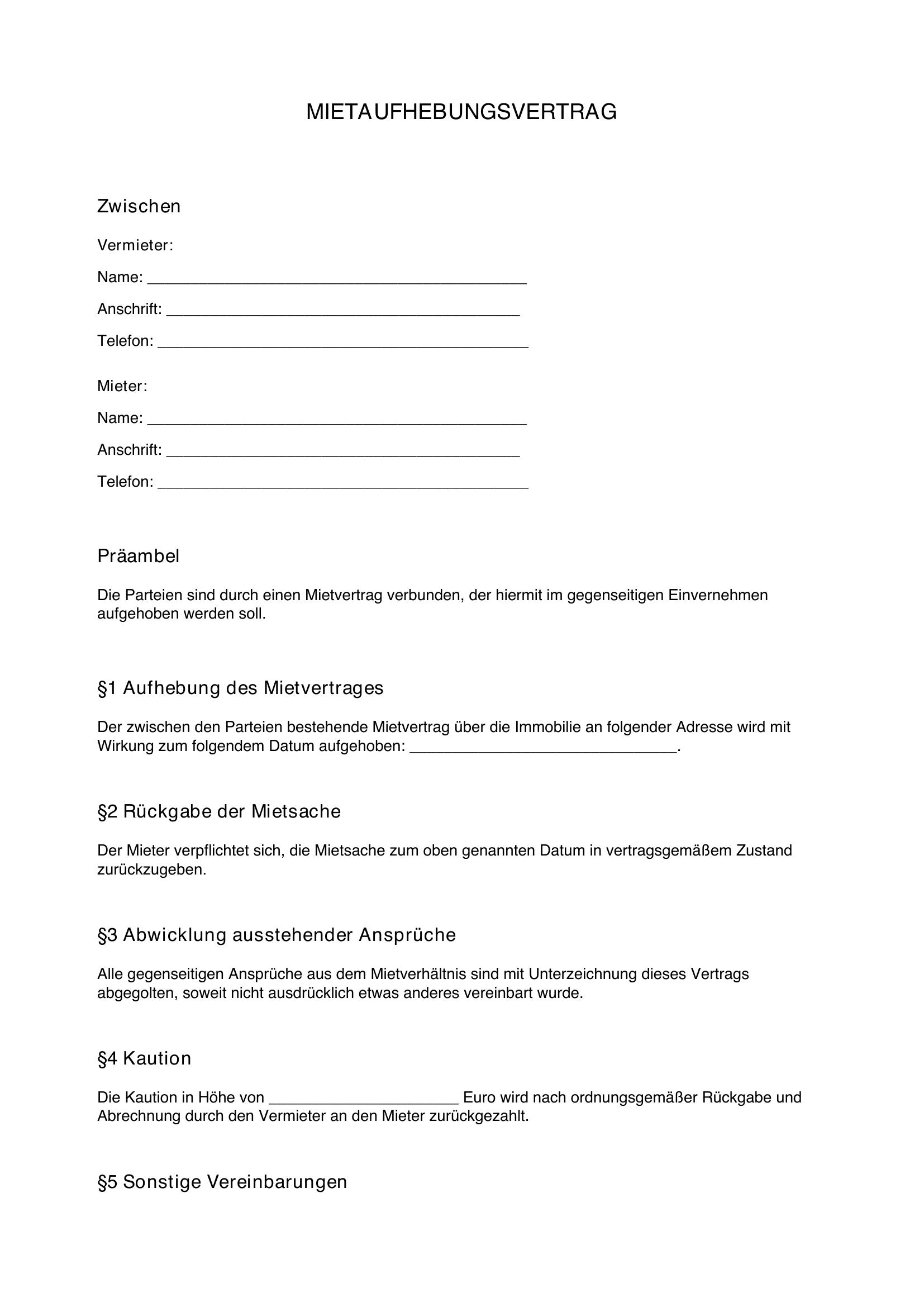 Mietaufhebungsvertrag Muster