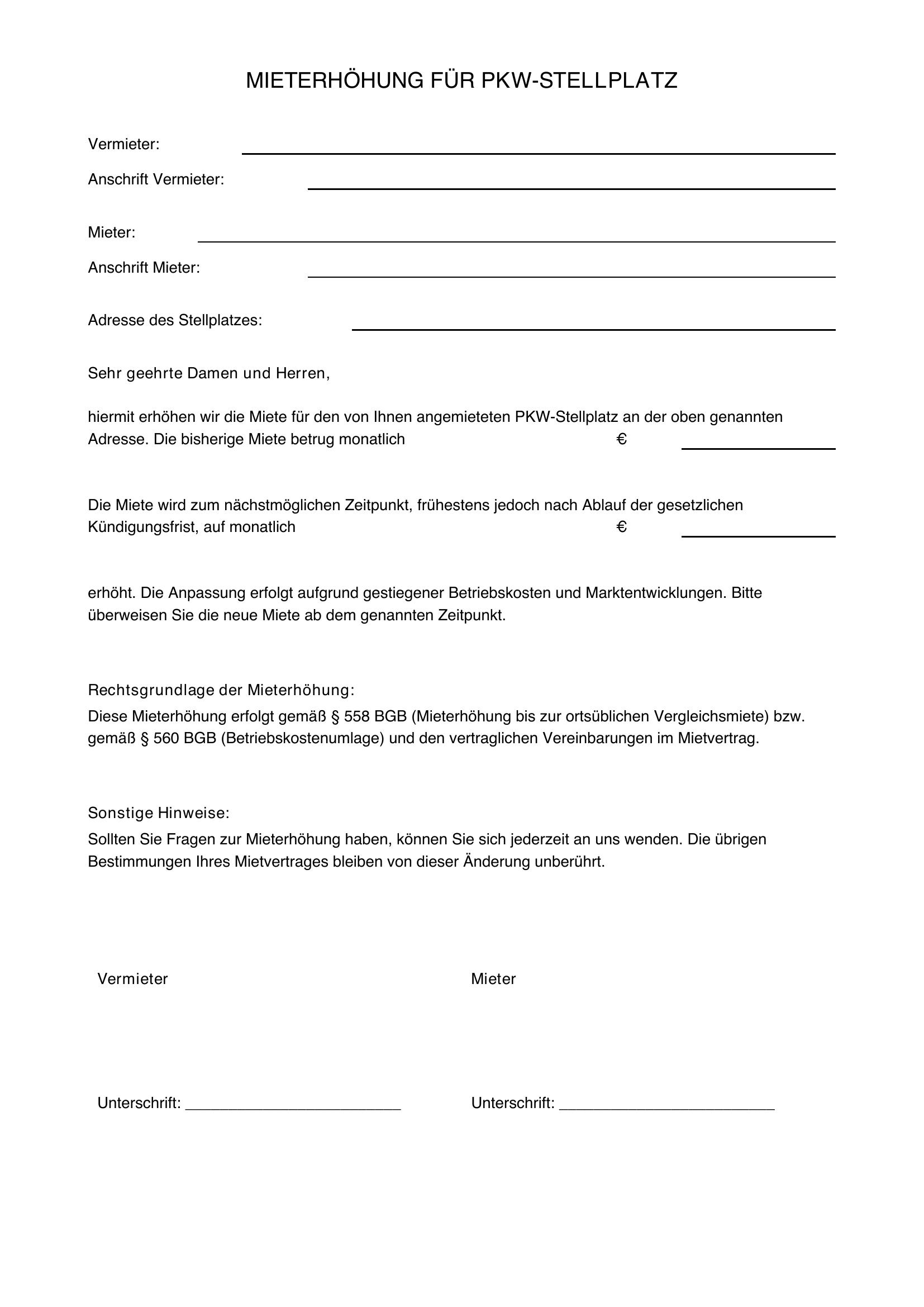 Mieterhöhung Pkw-Stellplatz Vorlage