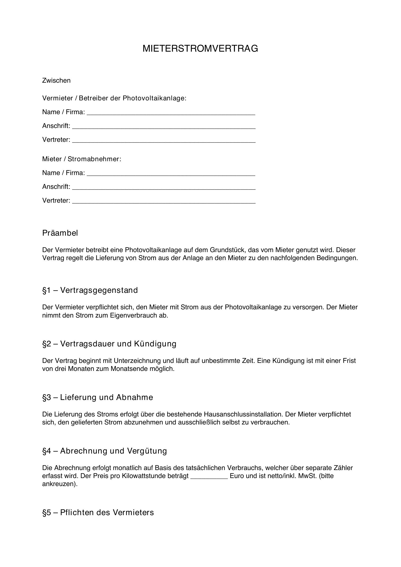 Mieterstromvertrag Muster