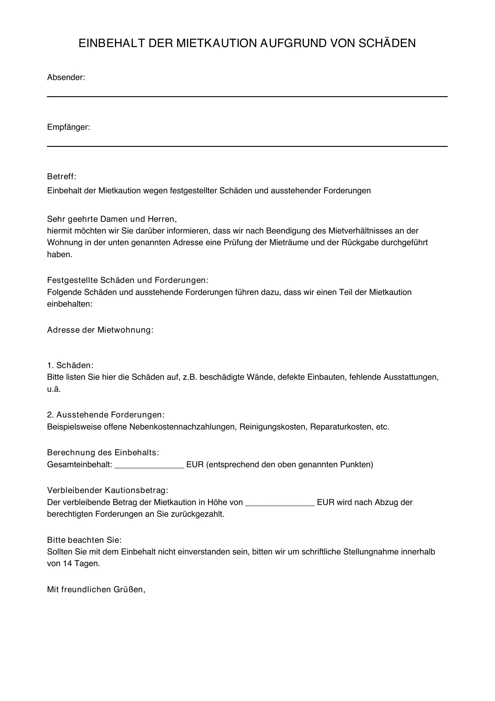 Mietkaution Einbehalten Schäden Musterbrief