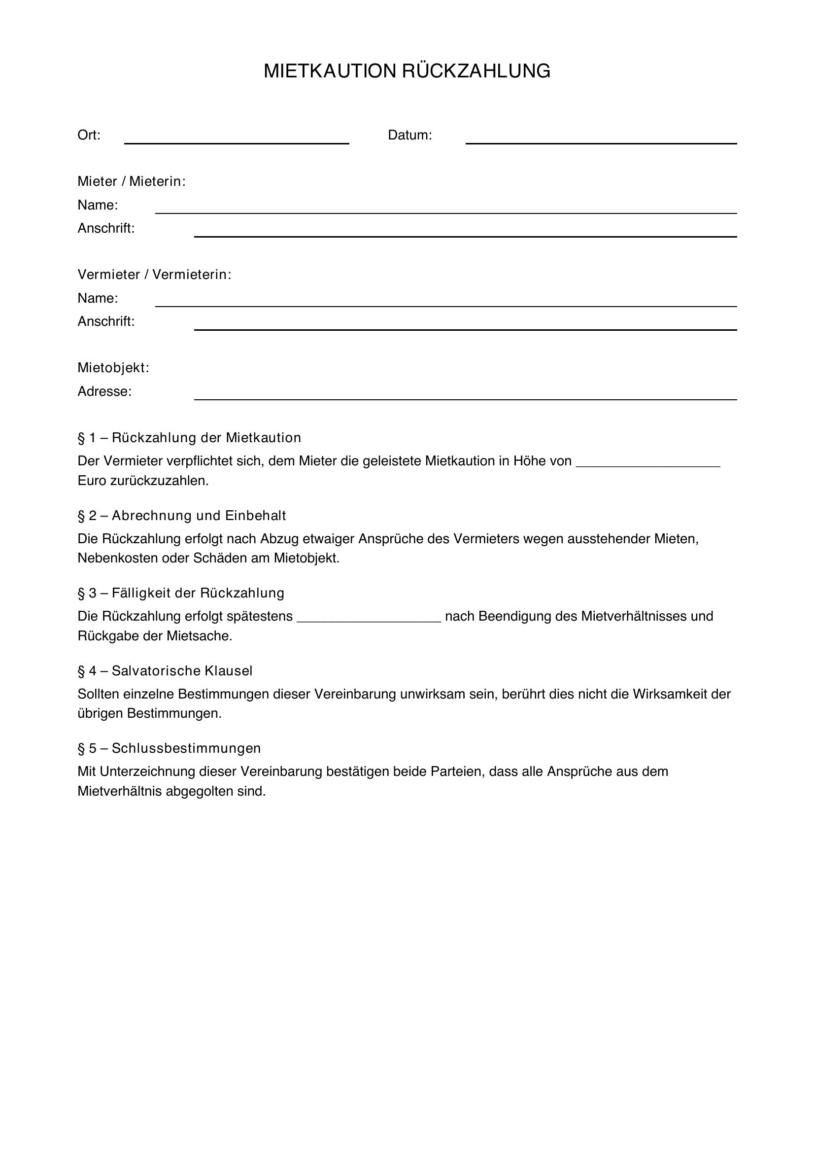 Vordruck Mietkaution Rückzahlung