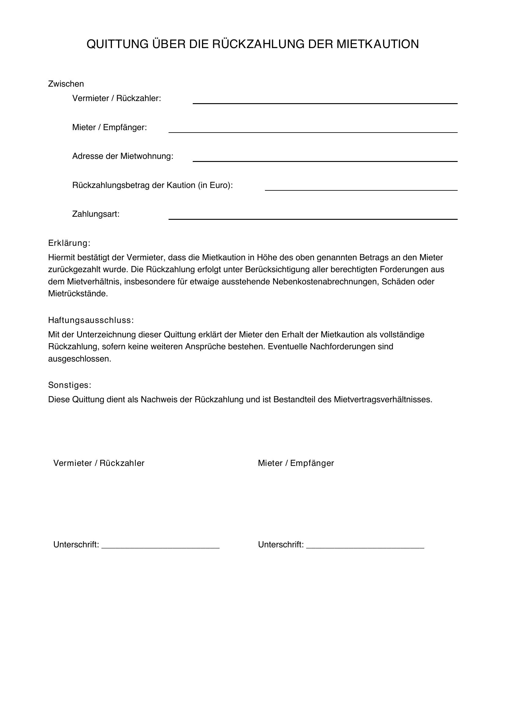 Vordruck Mietkaution Rückzahlung Quittung