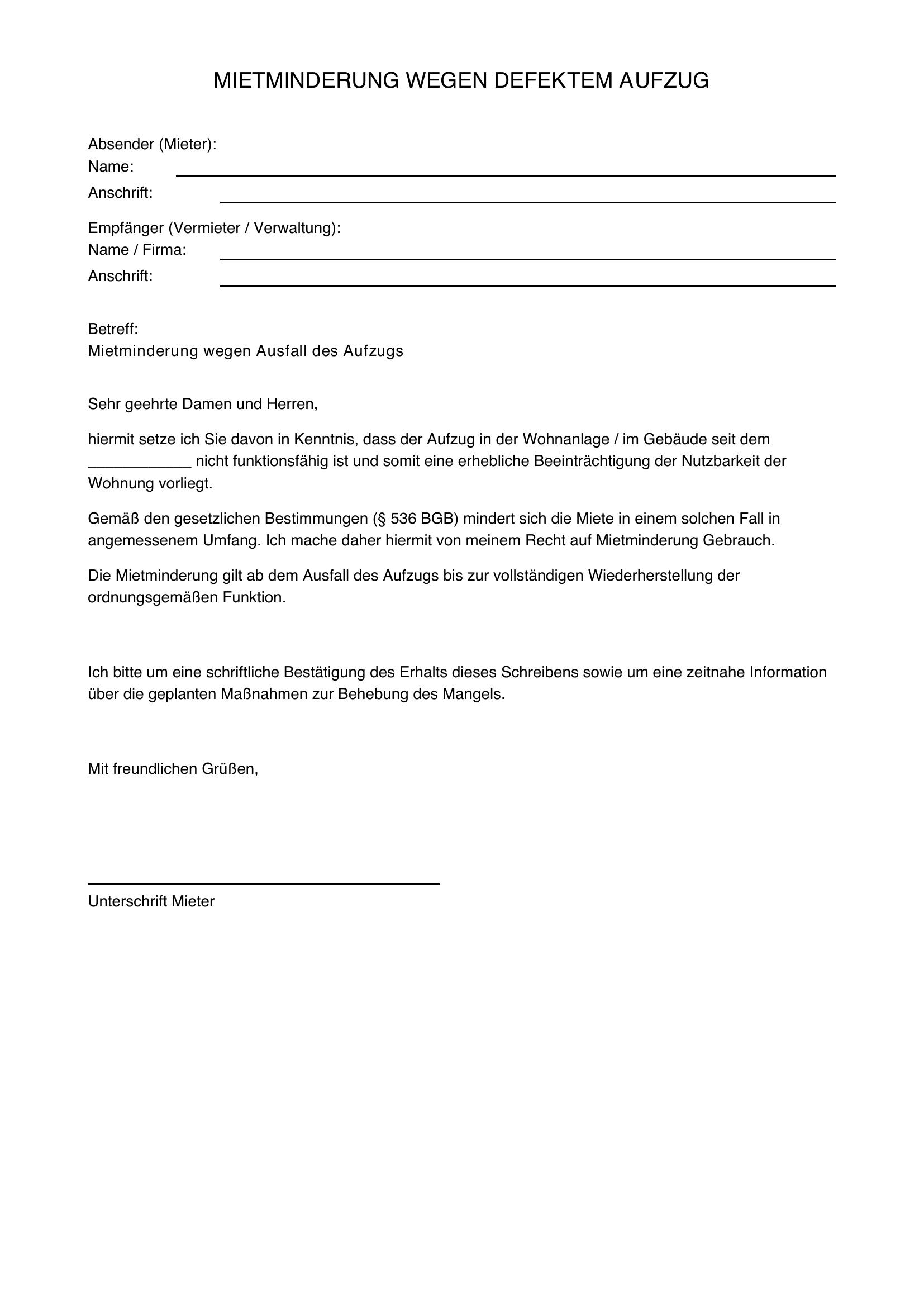 Mietminderung Aufzug Defekt Musterbrief