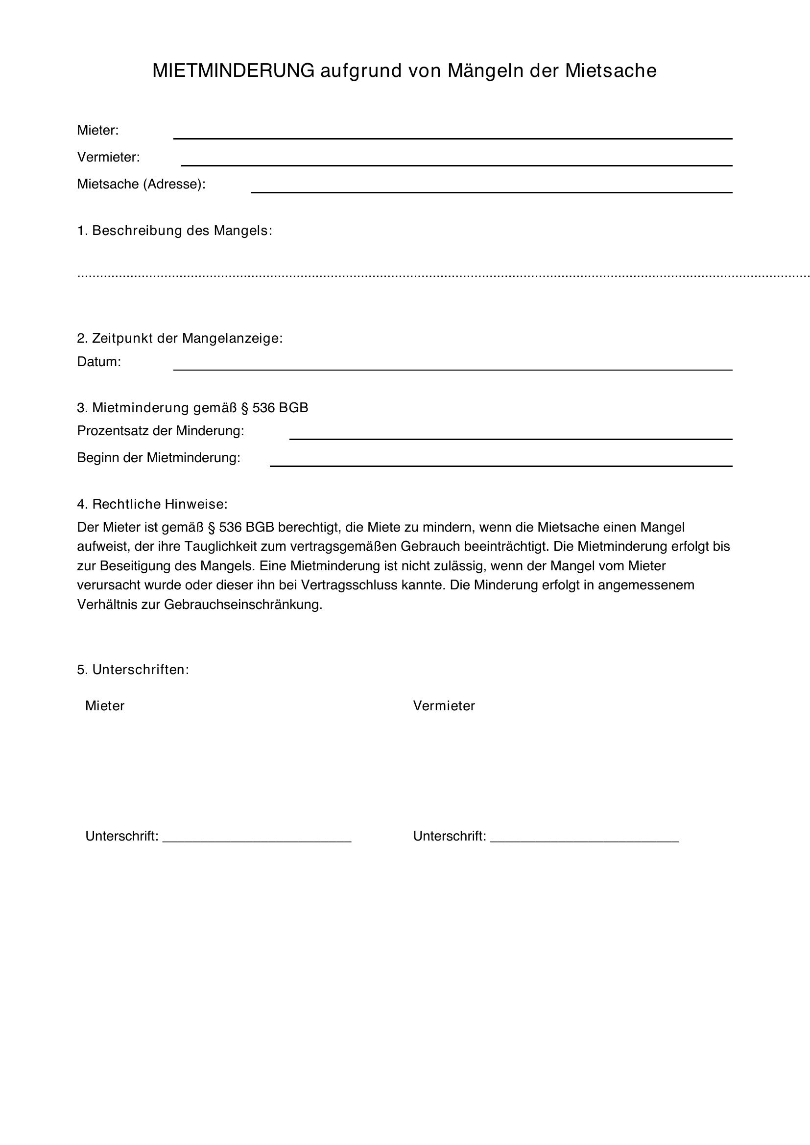 Mietminderung Vorlage