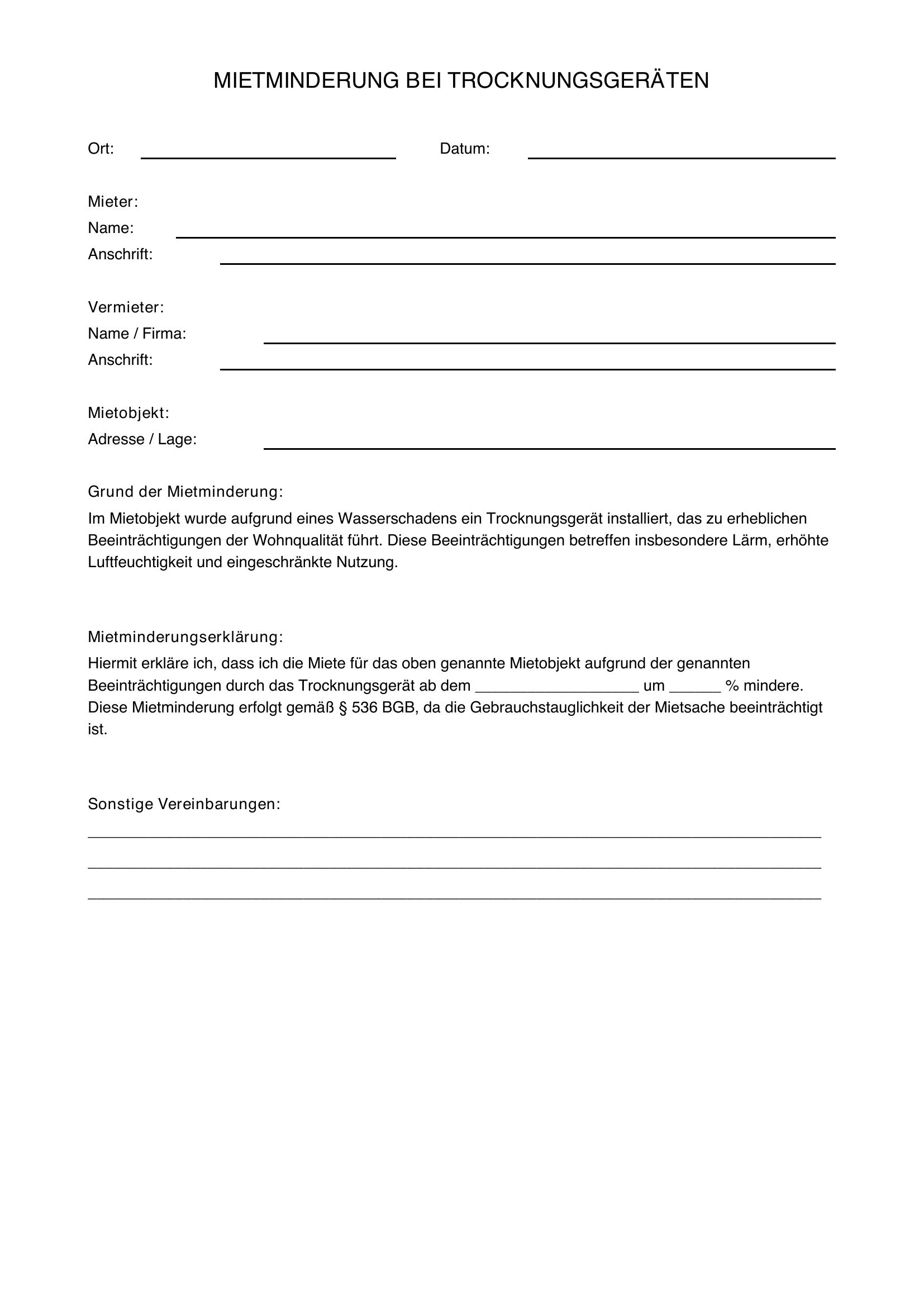 Mietminderung Trocknungsgeräte Musterbrief