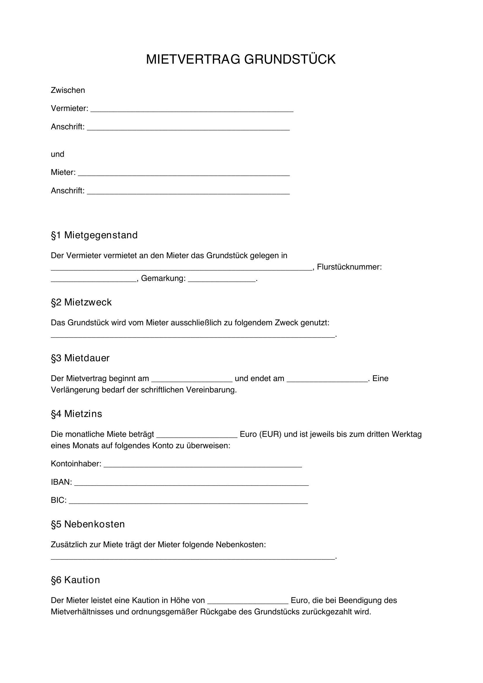 Mietvertrag Grundstück Vorlage