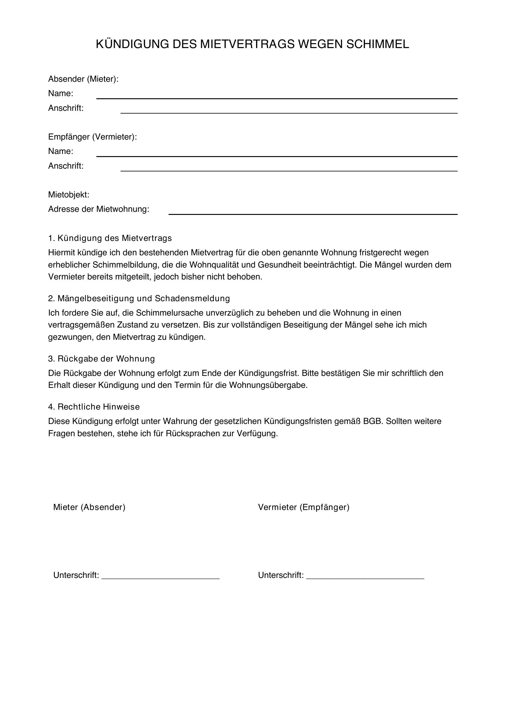Mietvertrag Kündigen Wegen Schimmel Vorlage