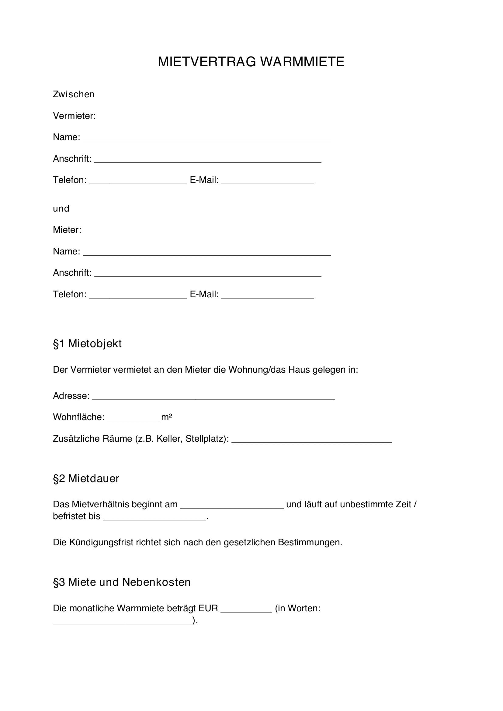 Mietvertrag Warmmiete Muster