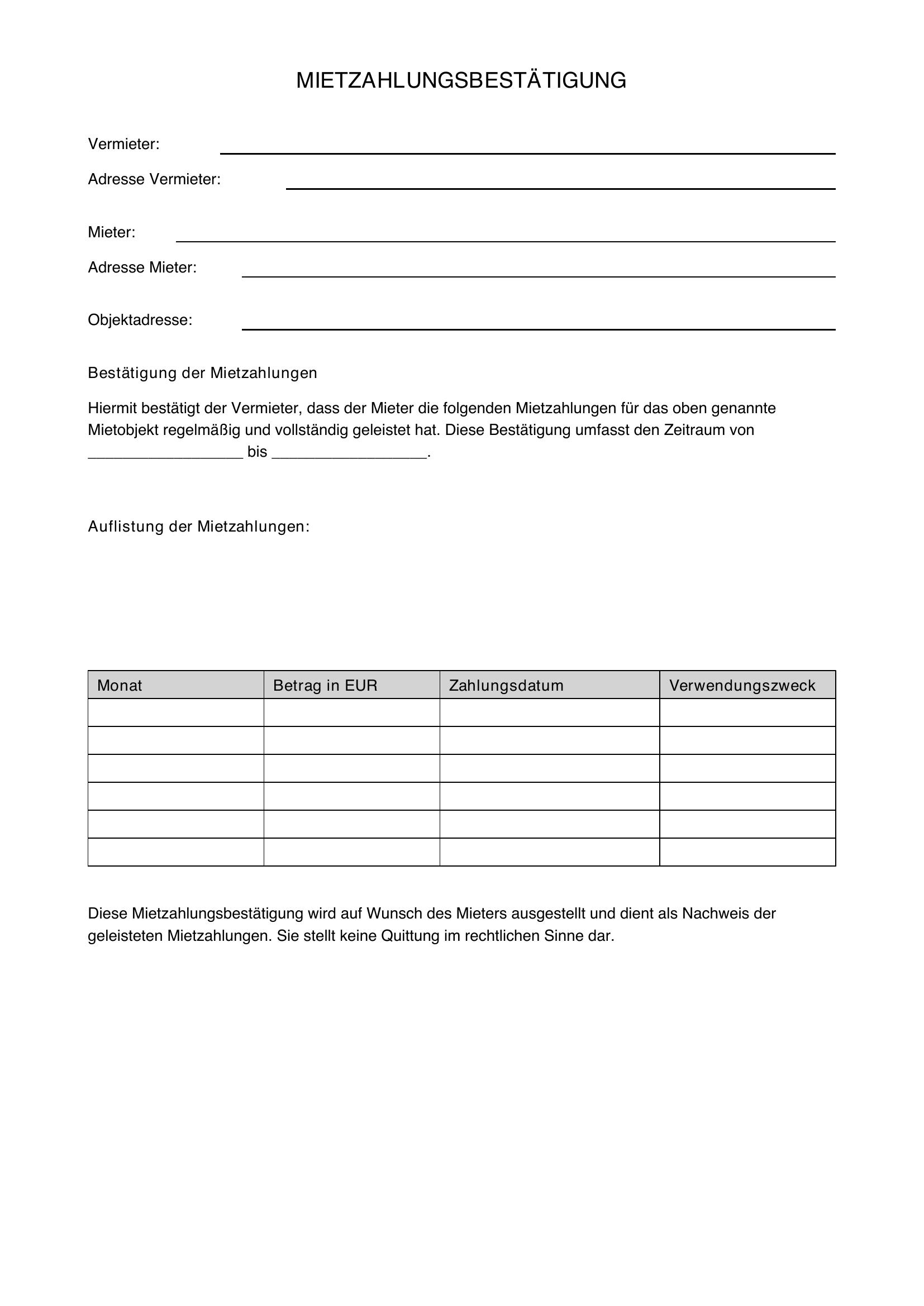 Mietzahlungsbestätigung Vorlage