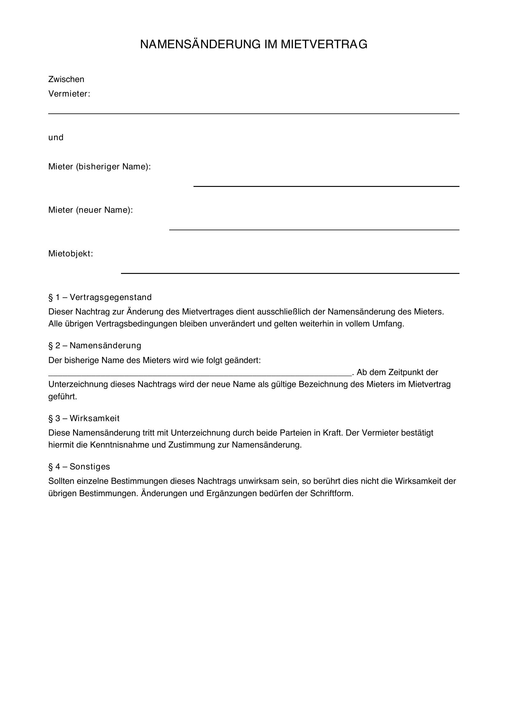 Namensänderung Mietvertrag Muster