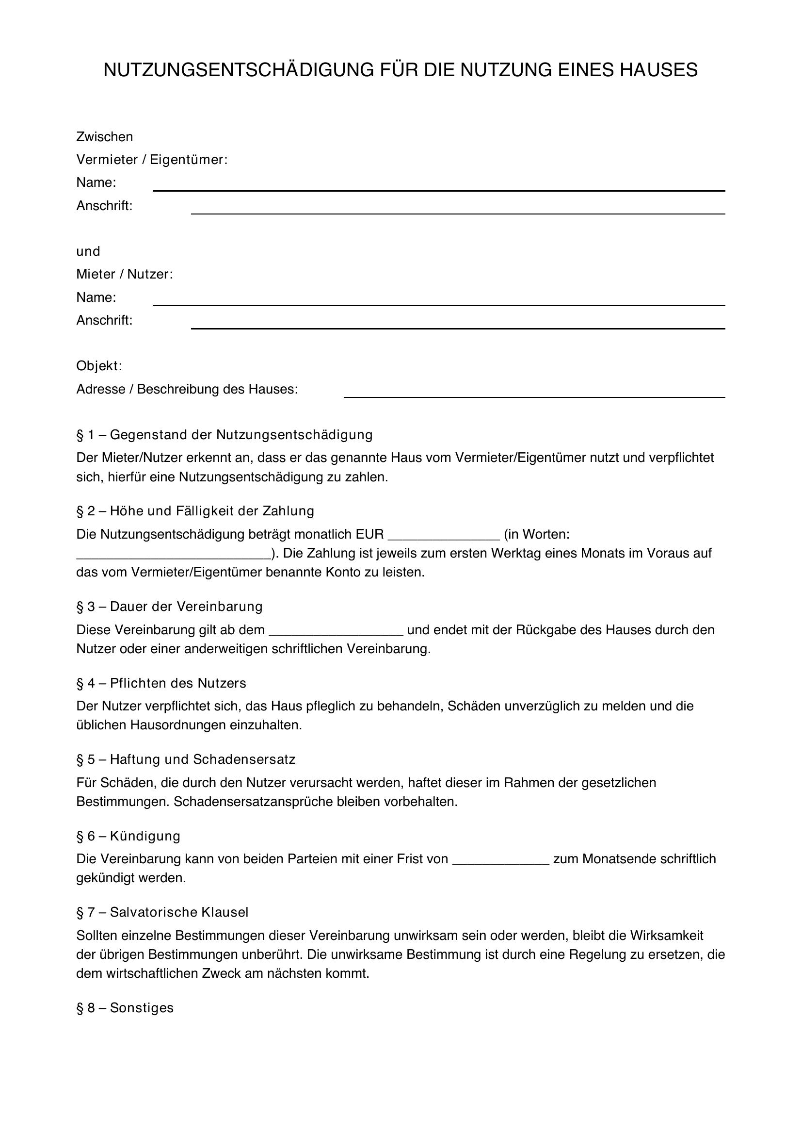 Nutzungsentschädigung Haus Muster
