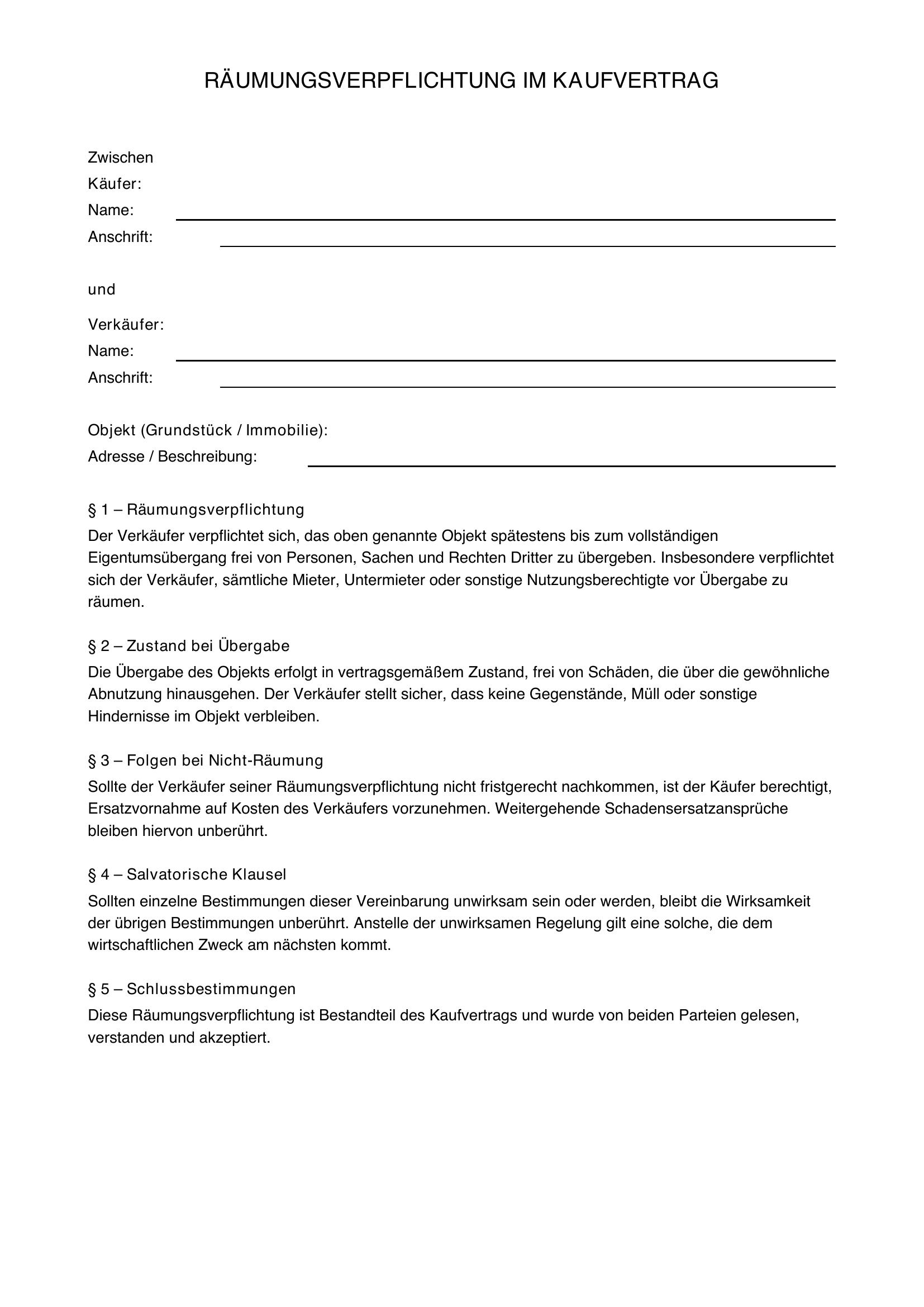 Räumungsverpflichtung Kaufvertrag Muster