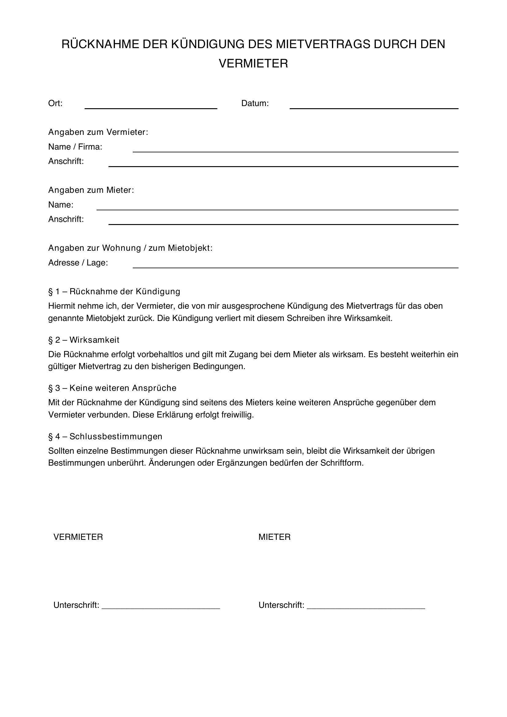 Rücknahme Kündigung Mietvertrag Durch Vermieter Muster