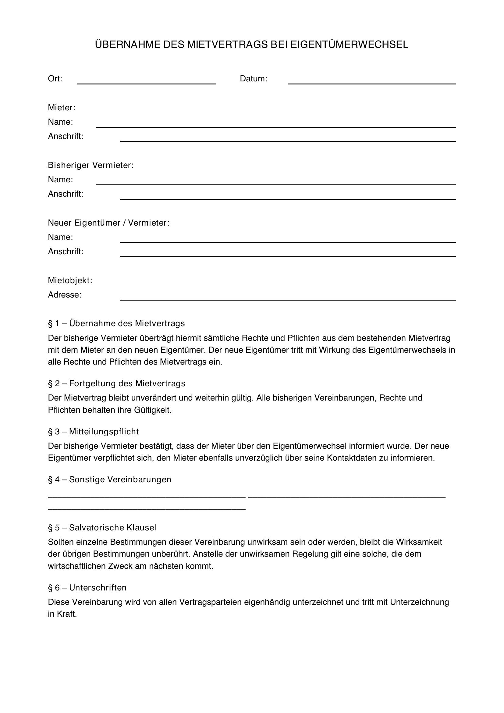 Übernahme Mietvertrag Bei Eigentümerwechsel Muster