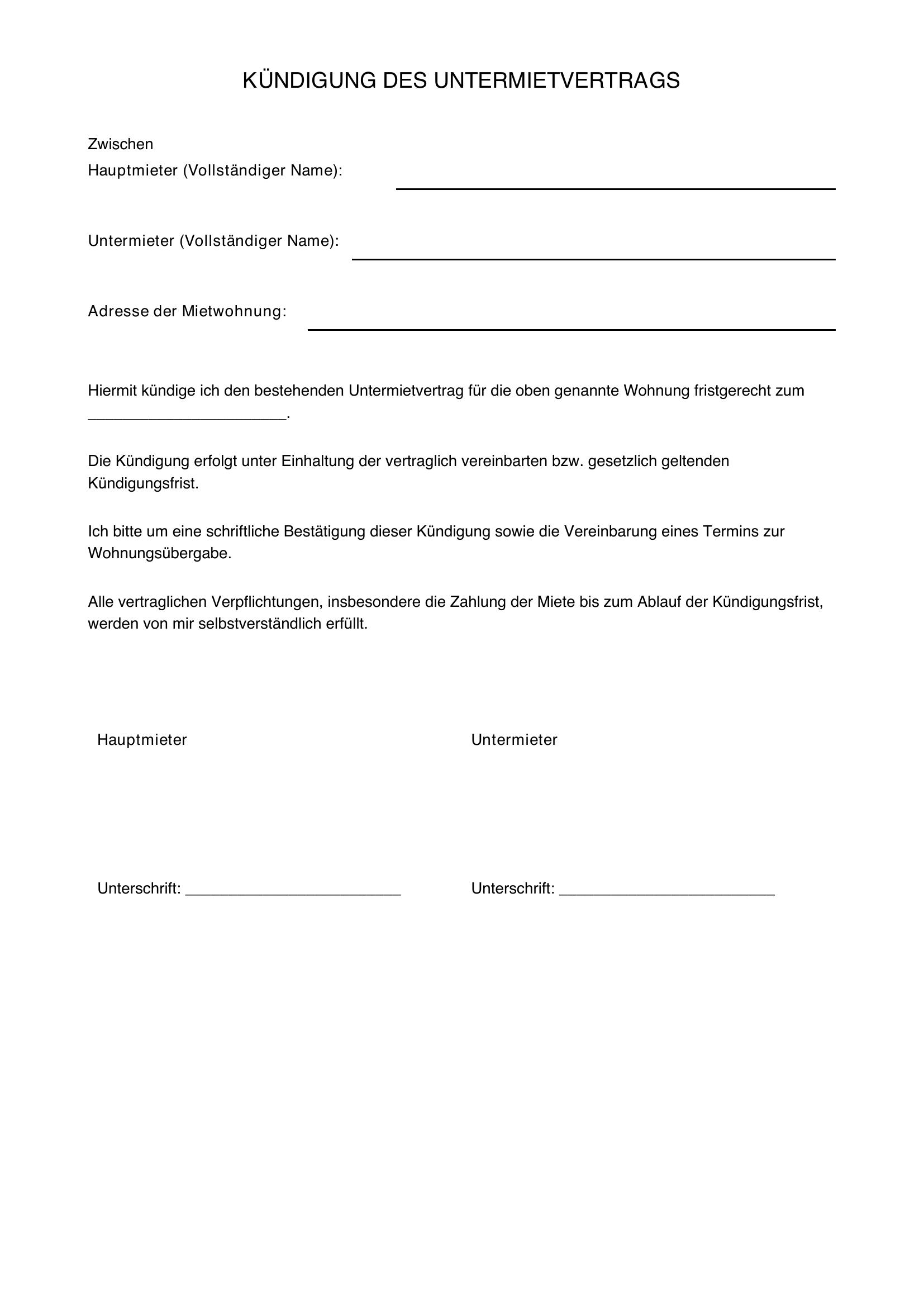 Untermietvertrag Kündigung Vorlage