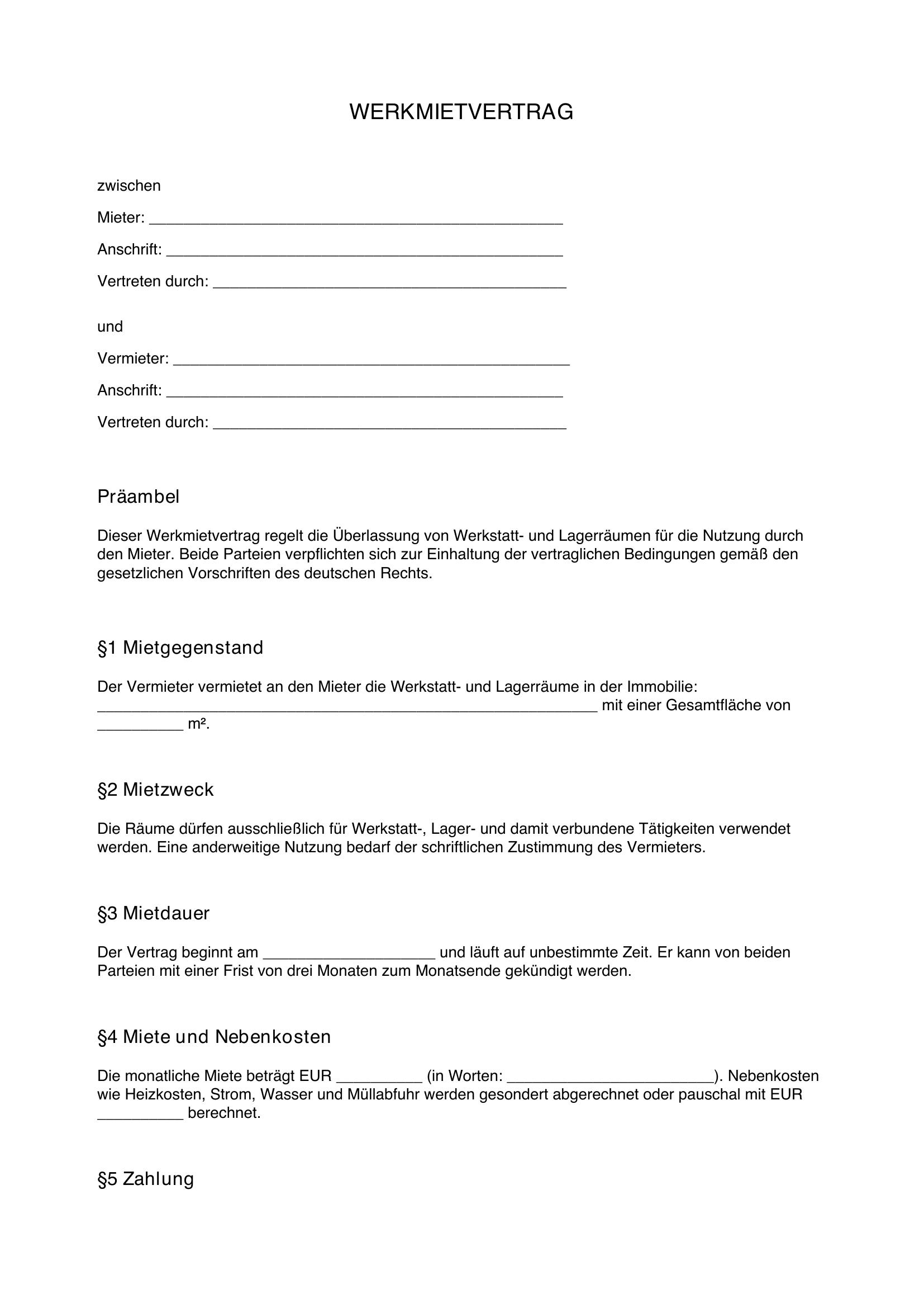 Werkmietvertrag Muster