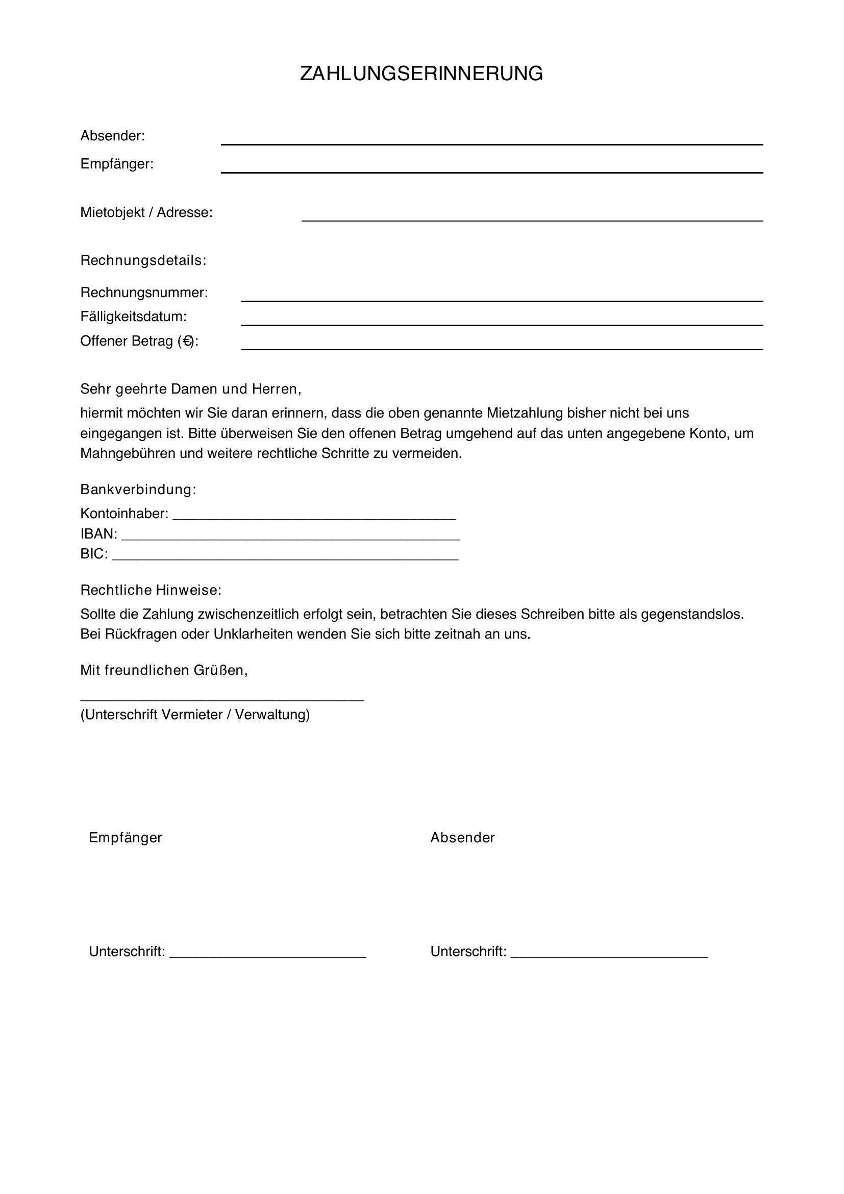 Zahlungserinnerung Miete Vorlage