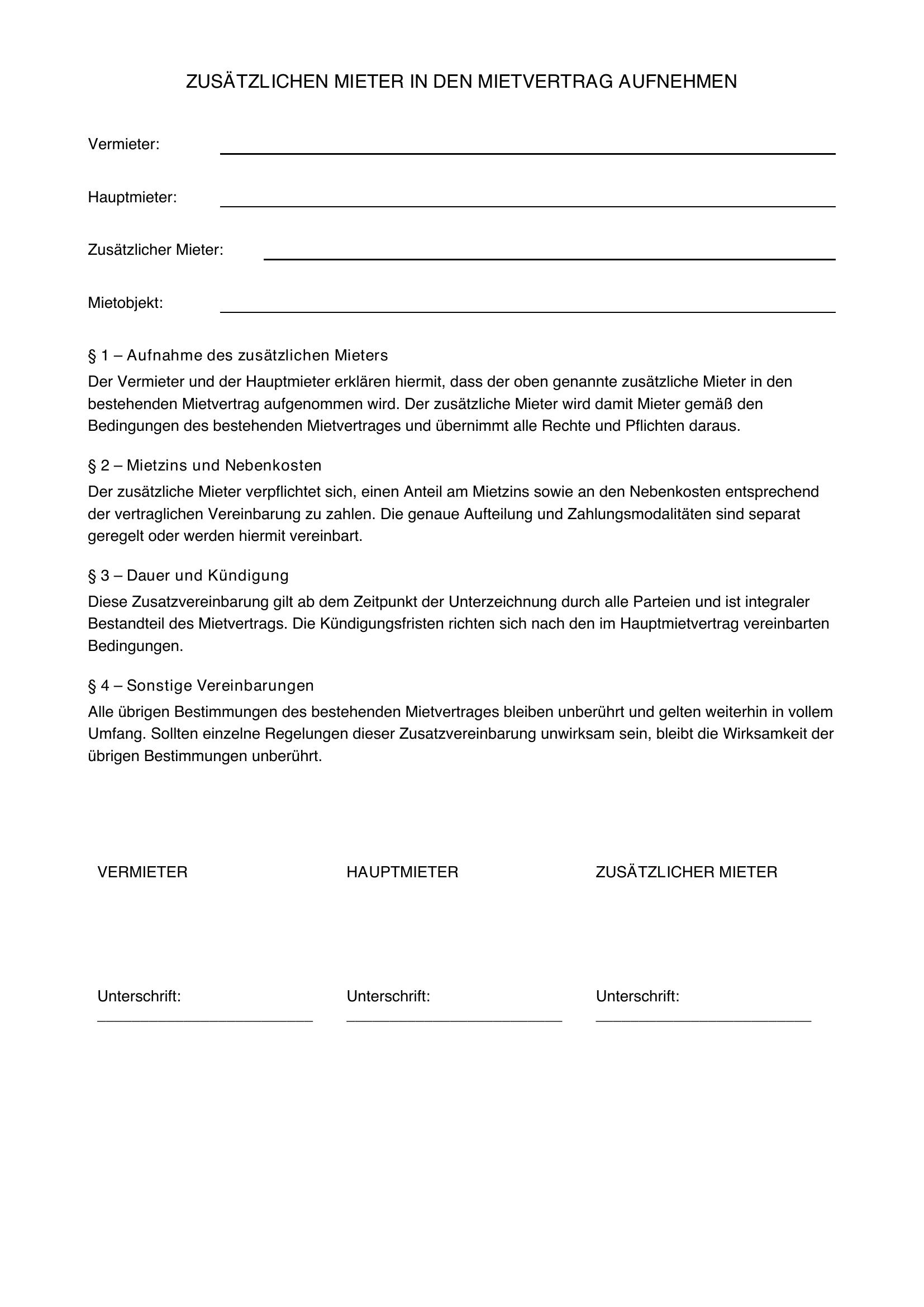 Zusätzlichen Mieter In Mietvertrag Aufnehmen Vorlage