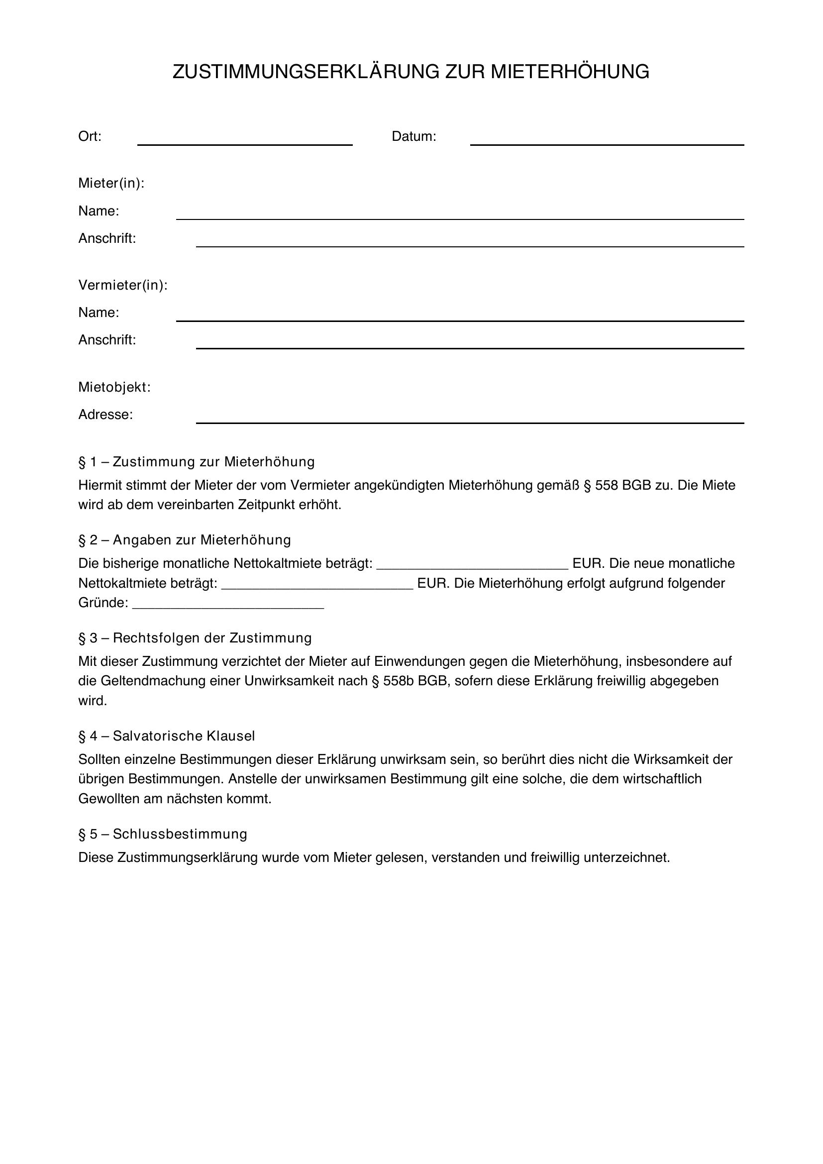 Zustimmungserklärung Mieterhöhung Vorlage